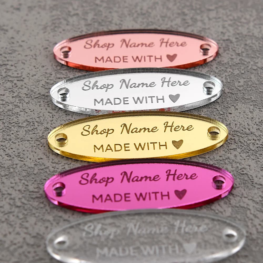 Etichette in acrilico a specchio ovali incise al laser 0,59"x1,57" Eco con logo personalizzato per fai da te, abbigliamento, decorazioni per la casa, regali