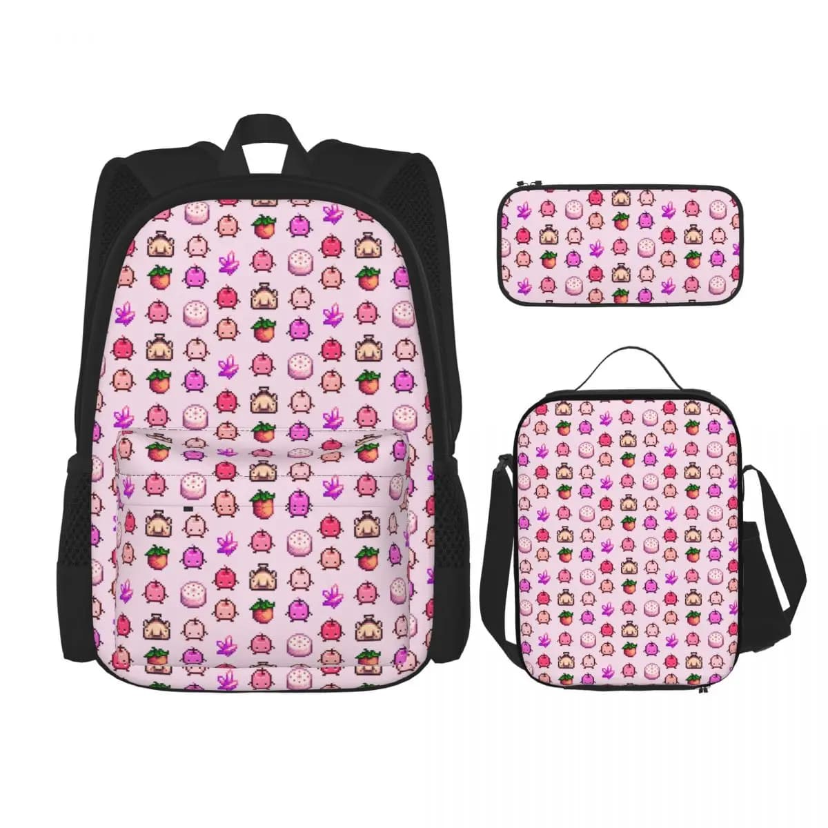 Stardew Valley Pink Junimo Set Backpacks Boys Girls Bookbag Students School Bags Kids Rucksack Lunch Bag Pen Bag Three-Piece Set