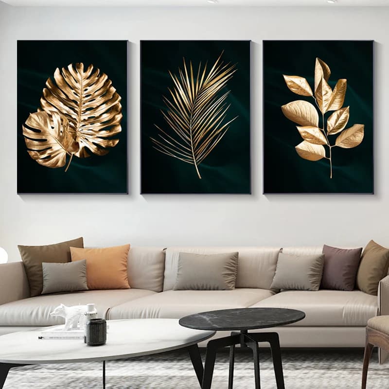 Set di 3 Poster Senza Cornice, Dipinti su Tela Astratti con Foglie di Monstera Dorate, Arte Murale Nera per Arredamento Casa