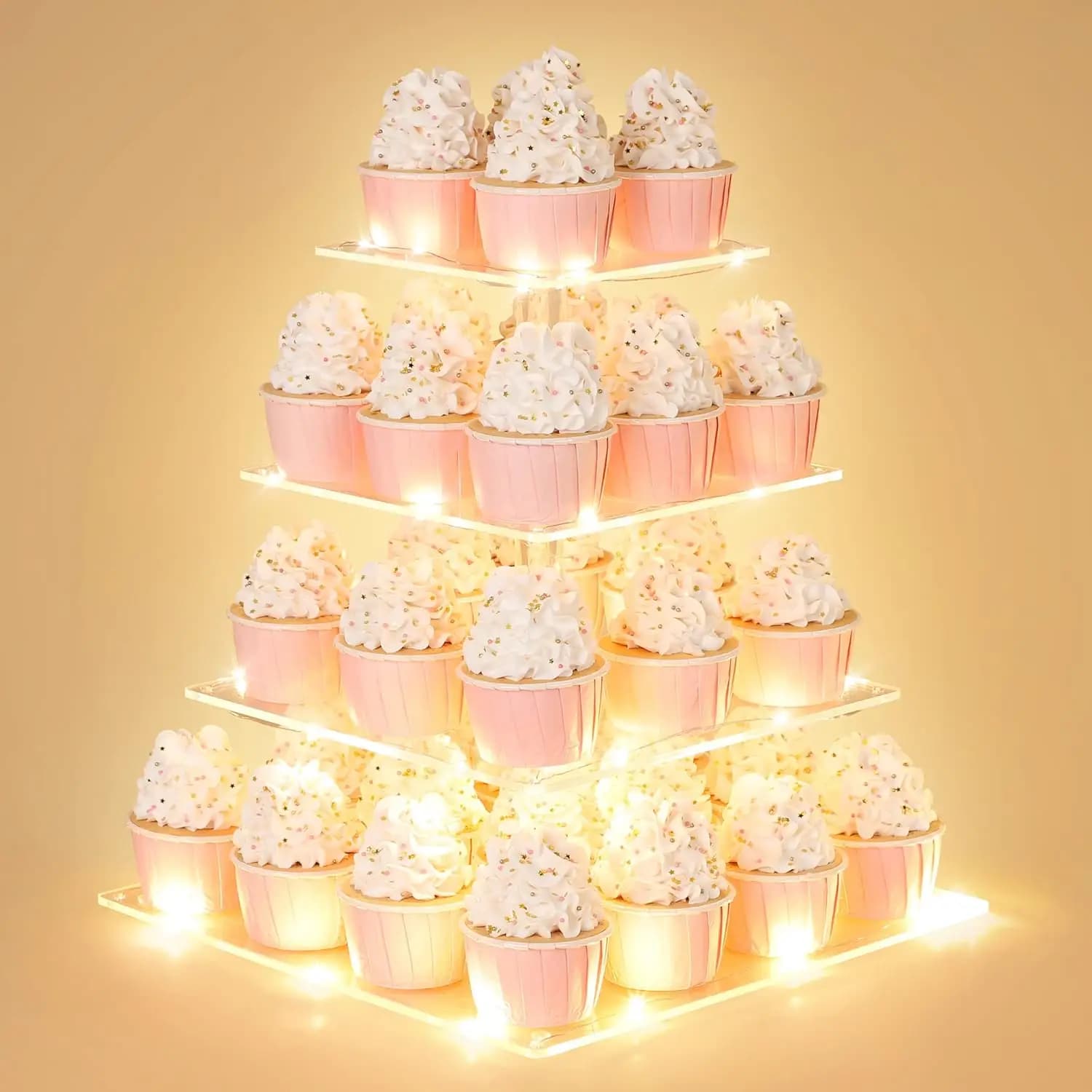 Espositore per Cupcake a 4 Piani in Acrilico con Luci LED, Supporto a Torre Quadrato per Feste di Compleanno e Matrimoni