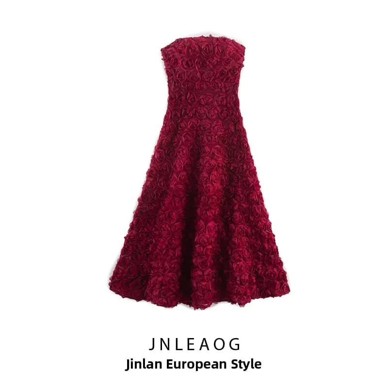 JNLEAOG Autumn New Fashion Women's Dress Windy Design Sensation Stylish 3D Flower Embellished Bustier Waist-Cinching Gown