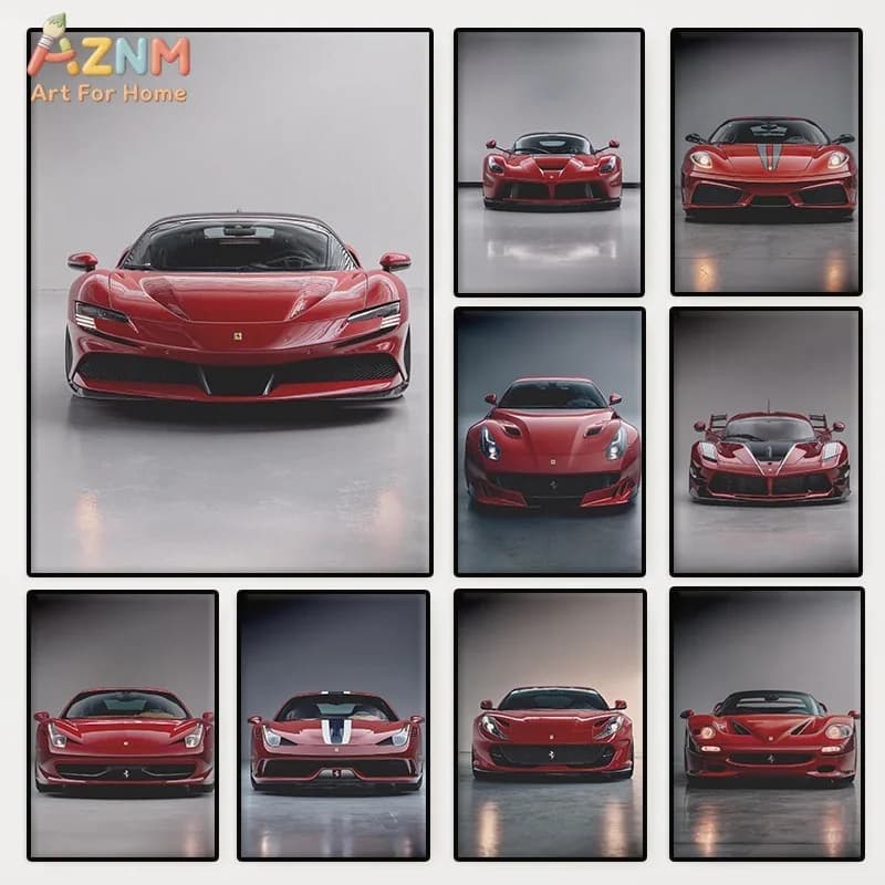 AZNM Ferrari Supercar Collection Canvas Wall Art Unframed, Italian Luxury Red Sports Car Poster Artwork for Garage Man Cave Livi