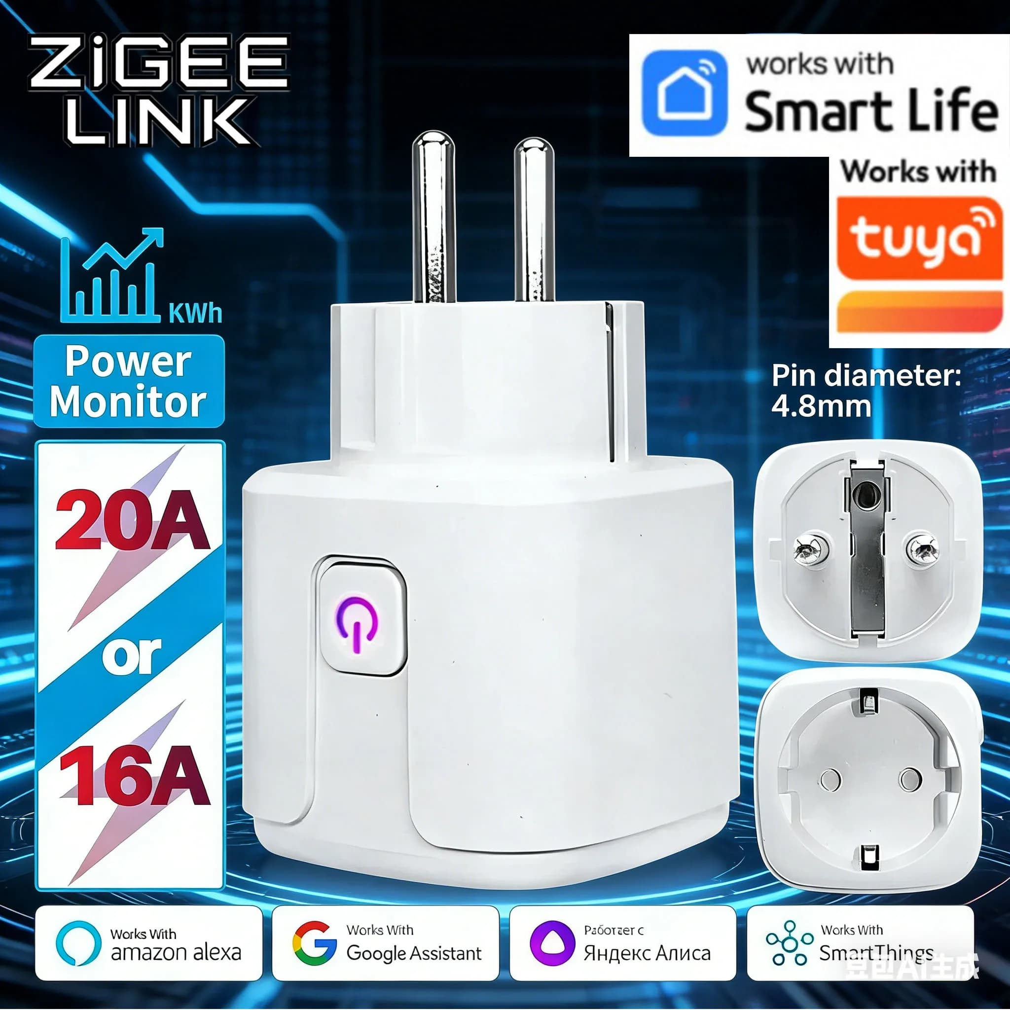 Smart WiFi Tuya EU 20A with Energy Monitoring, Voice Control Alexa and Google Home, Smart Life App