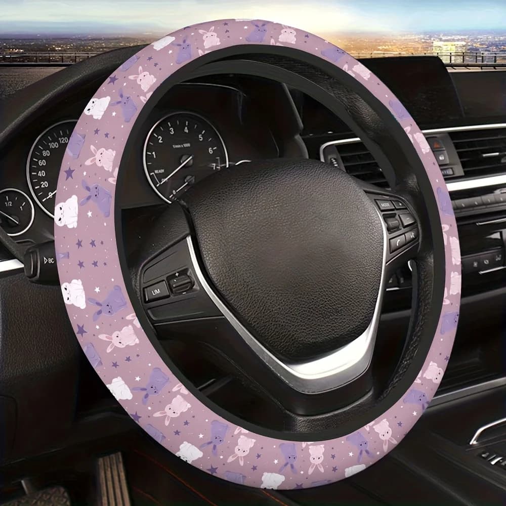 1 piece cover with pretty pink white stripes with smiling rabbit stars, suitable for left/right driving