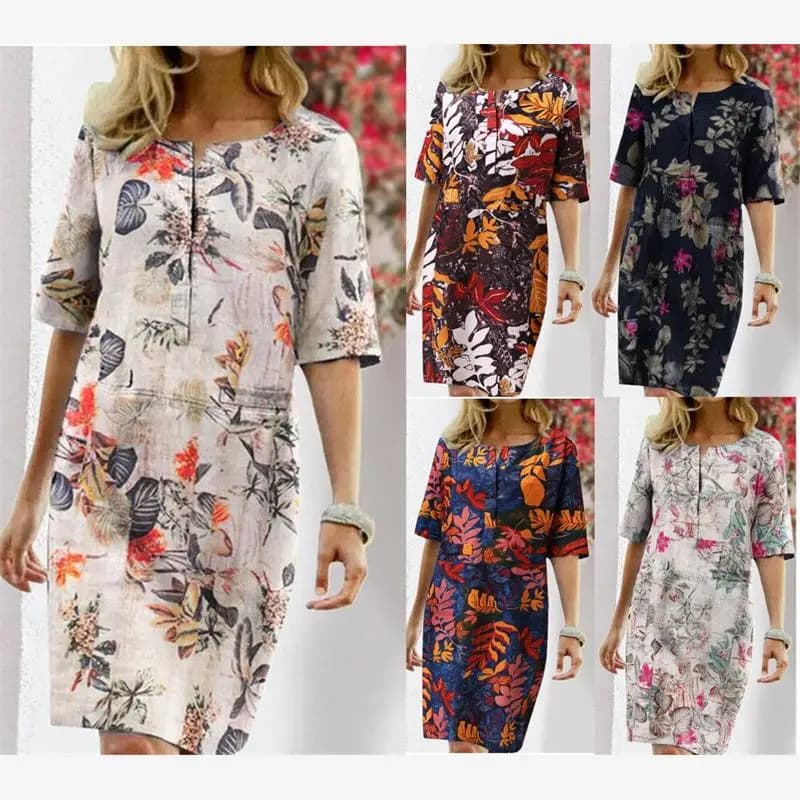 Summer Cotton Linen Printed Women's Dress Casual Skirt Loose Waist Short Sleeve V-Neck H-Shape Street Style Wrap Chest
