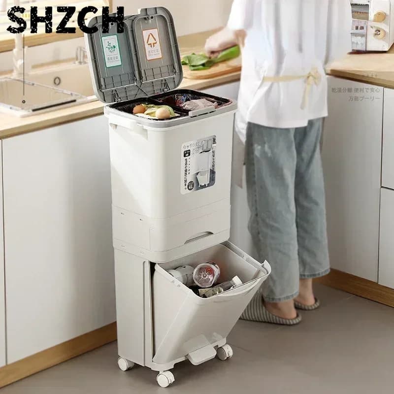 Large Capacity Kitchen Waste Bin 2/3 Layer Dry Wet Trash Can with Lid Odor Prevention Home Classification Trash Bin