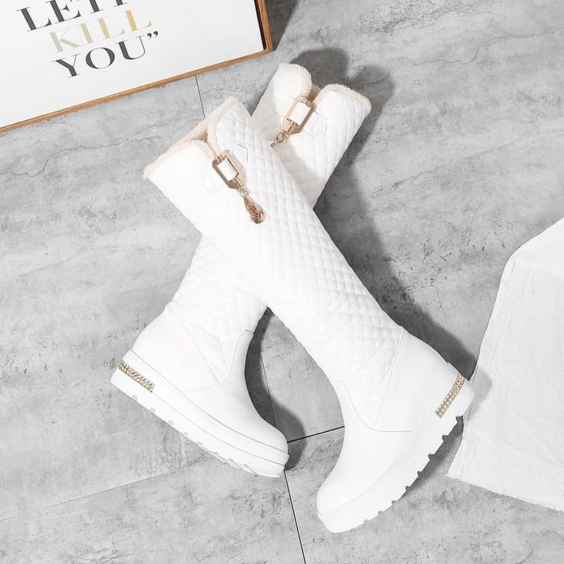 Women White Quilted Faux Leather Platform Mid Calf Boots Side Zipper with Metal Pendant Casual Walking Boots