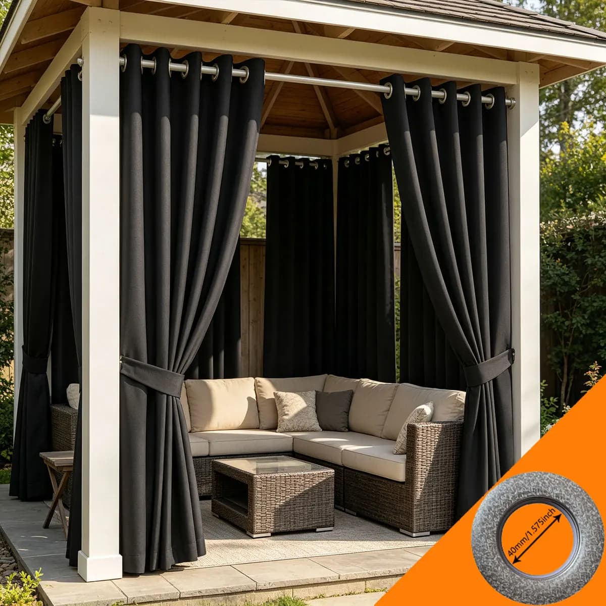 Black Outdoor Waterproof Curtains, High Precision Fabric Weatherproof Grommet Top Drapes, Light Blocking Privacy Curtains for Pa
