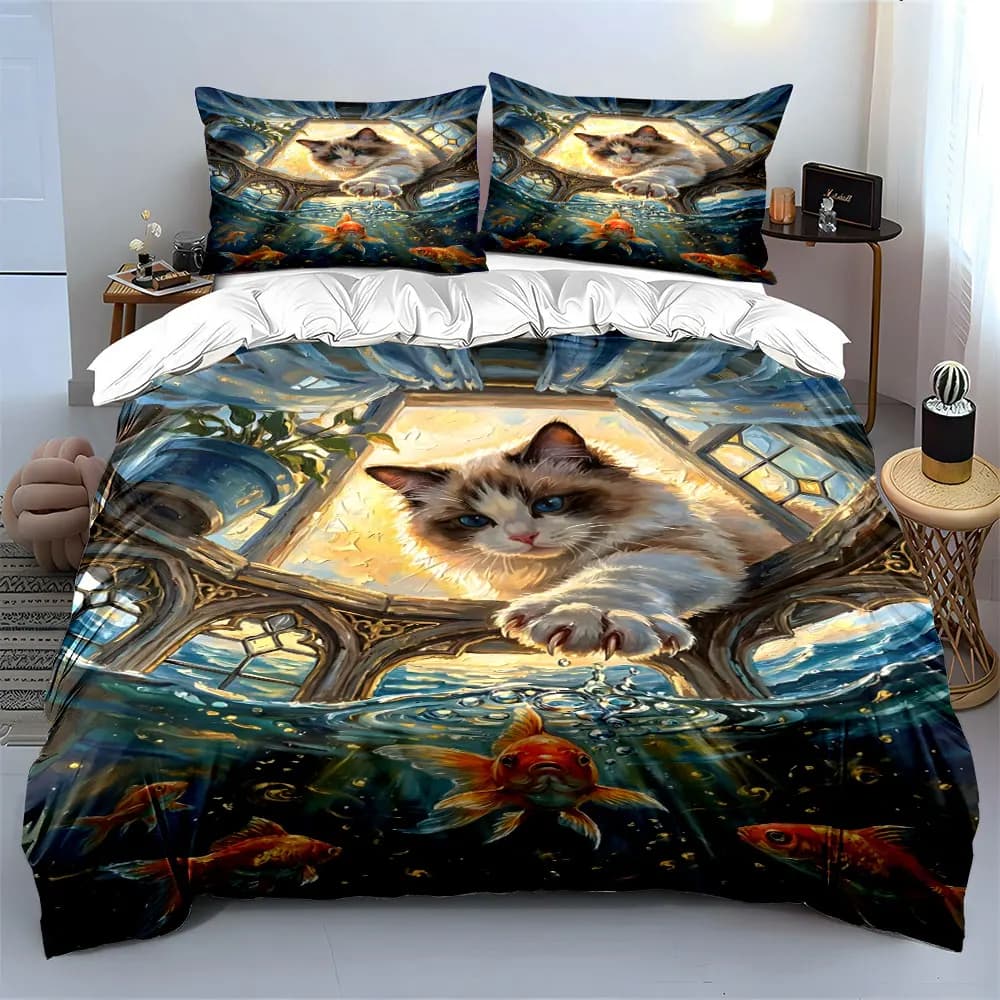 Cat playing with goldfish, sunlight window Printed Duvet Cover Set 1 Duvet Cover+2 Pillowcase Multi Size Bedroom Bedding Decor