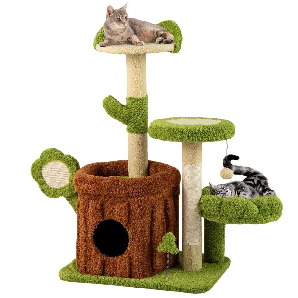 Cute Cat Tree Green Forest, 36 Inch Aesthetic Cat Tower with Sisal Scratching Posts amp Board, Trunk Condo, Flower Perch, Plush