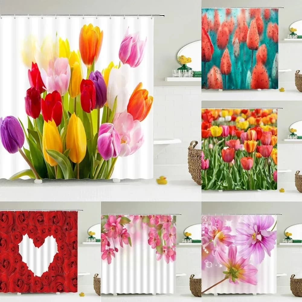 Tulipano Rosa Fiori freschi Tende da doccia Tessuto in poliestere impermeabile Stampato in 3D Schermo da bagno Decorazione della casa Tenda da doccia