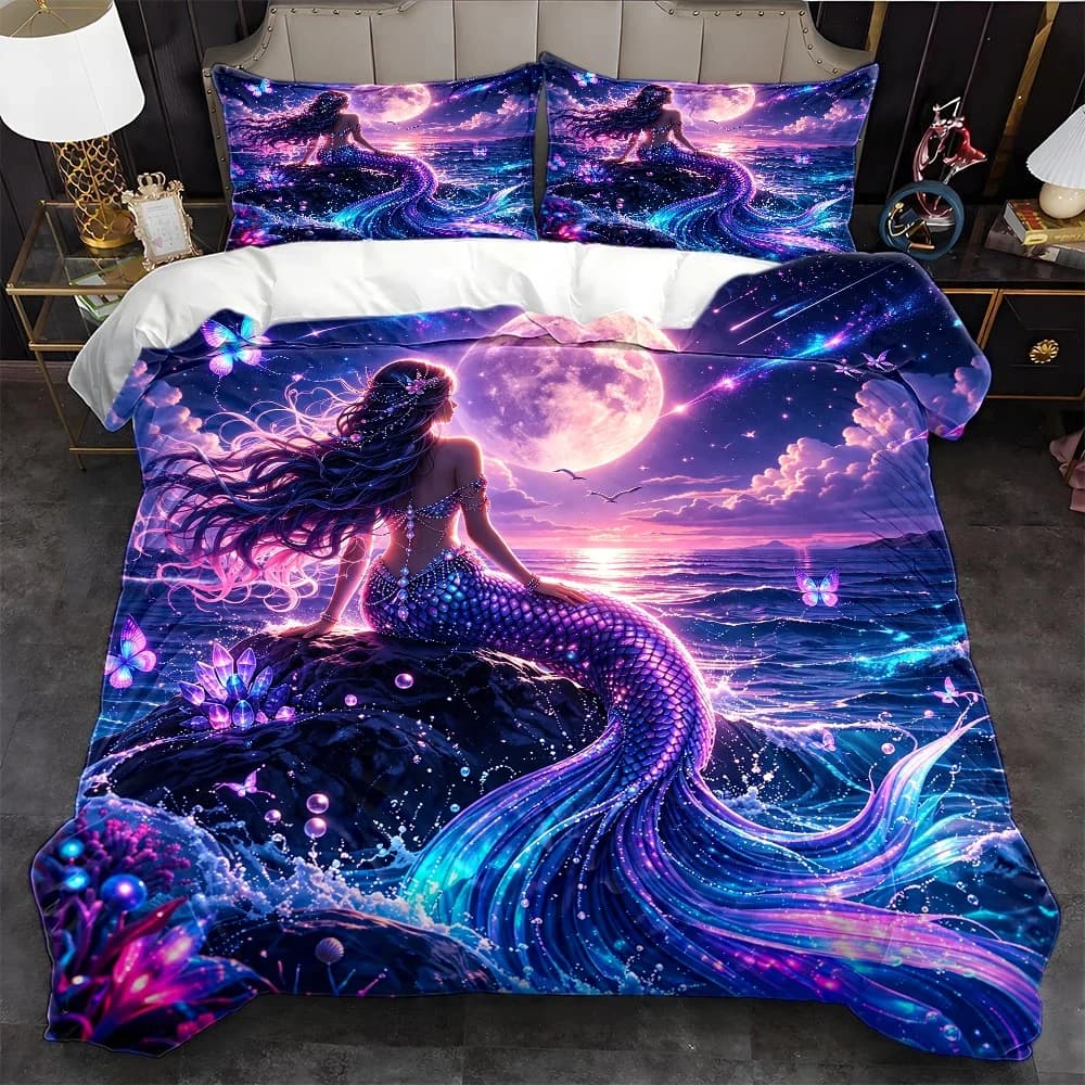 3Pc Dreamy Starry Sky Mermaid Duvet Cover Set, Three-Piece Bedding Set (1 Duvet Cover + 2 Pillowcases), Suitable for All Seasons, Machine Washable, Invisible Zipper, Personal Bed Cover, Suitable for Home, Dormitory, Master Bedroom, Guest Room, Large Duvet Cover Bedding Set, Colorful Ocean Creature Bedding, Trendy Internet Celebrity Style Bed Cover, Glow-In-The-Dark Mermaid Bedding, Three-Piece Bedding Set, Light Luxury Style Bedroom Bedding Set, Fairy Tale Style Mermaid Bedding, Washed Cotton