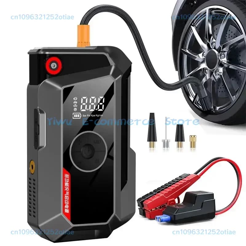 Avviatore per auto con ponticello batteria 12v Avviatore di emergenza 5 in 1 Avviatore di emergenza con gonfiatore a vuoto con compressore d'aria 6000