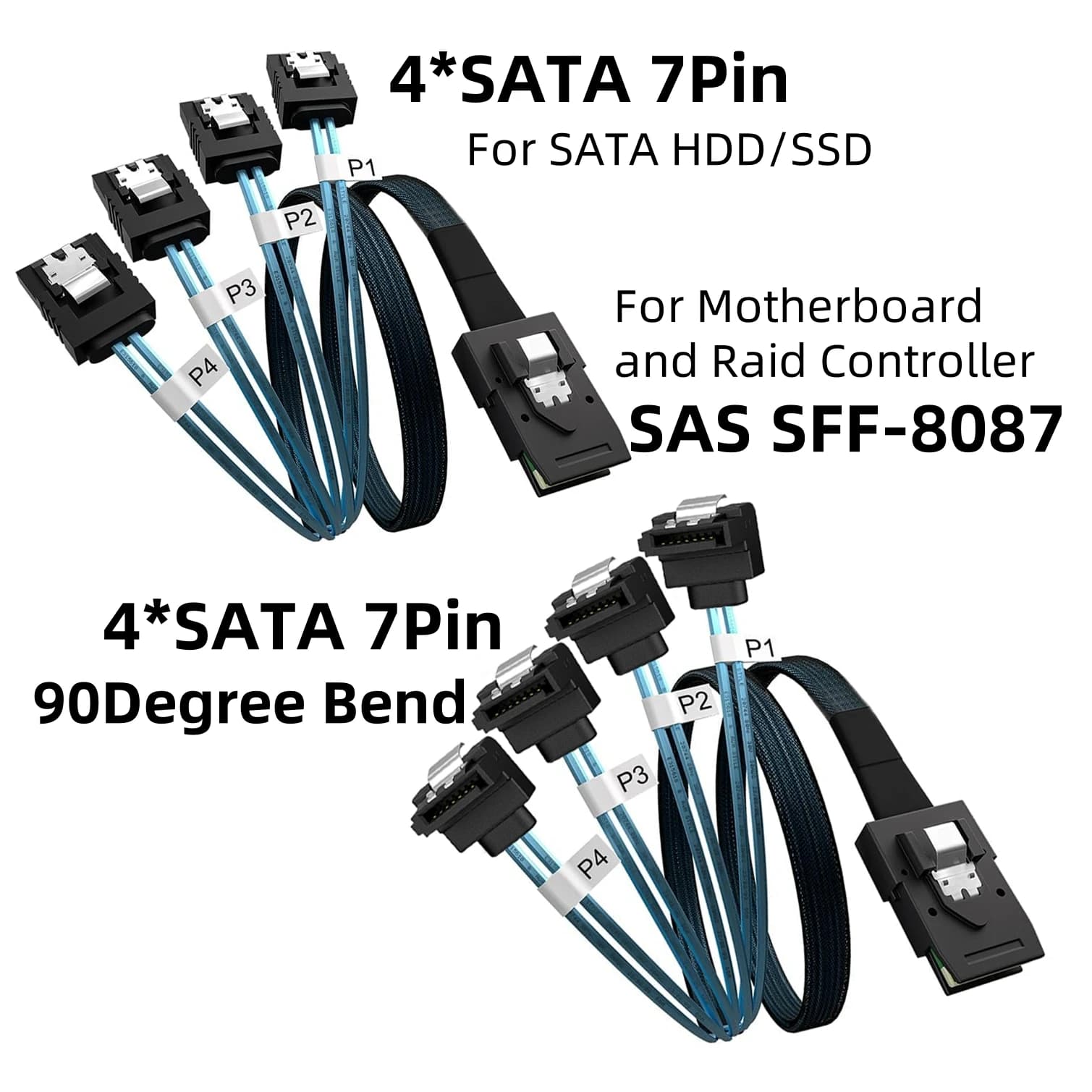 Cavo interno Mini SAS SFF-8087 a 4 SATA 7 pin con connettore a scatto Angolo di 90 gradi da 6 Gbps per controller RAID HDD SSD server