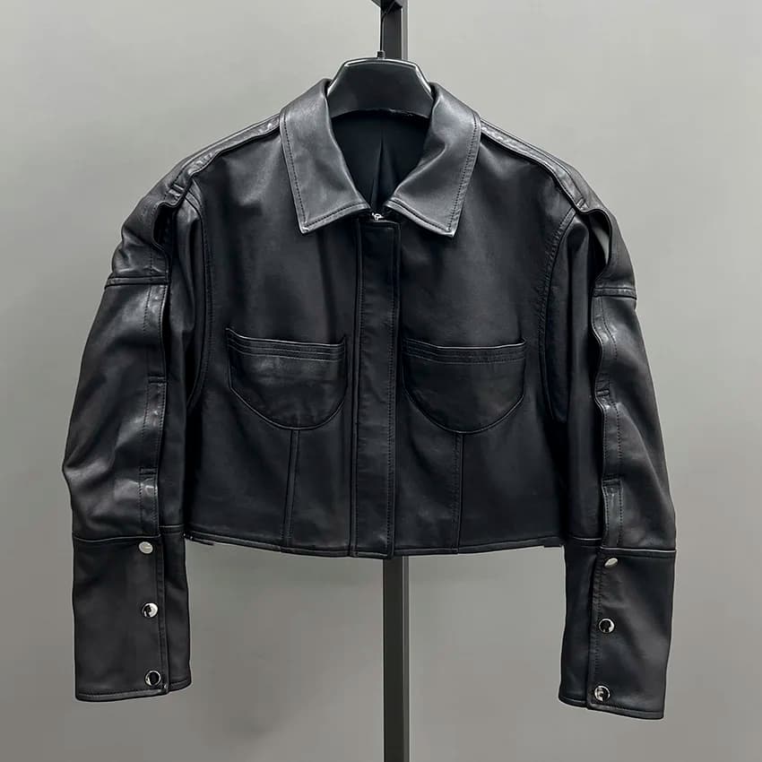 JANEFUR Women Spring Black Genuine Leather Short Jacket Coat Autumn Loose Real Leather Sheepskin Overcoat JFB6-25002