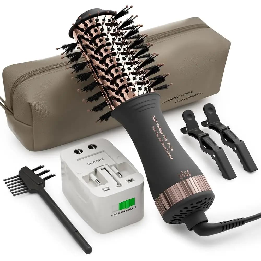 Spazzola ad aria calda ovale compatta da 2 pollici, asciugacapelli da viaggio all-in-one, styler, volumizzatore, piastra e arricciacapelli con adattatore universale