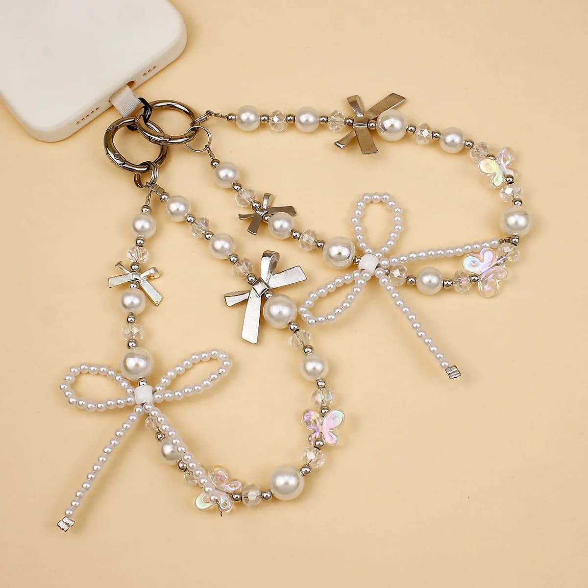Chain for mobile phone with bow Fashion woman Chain held hand Decoration Beads Corde Keychain hanging Case for phone Keyring Pendant