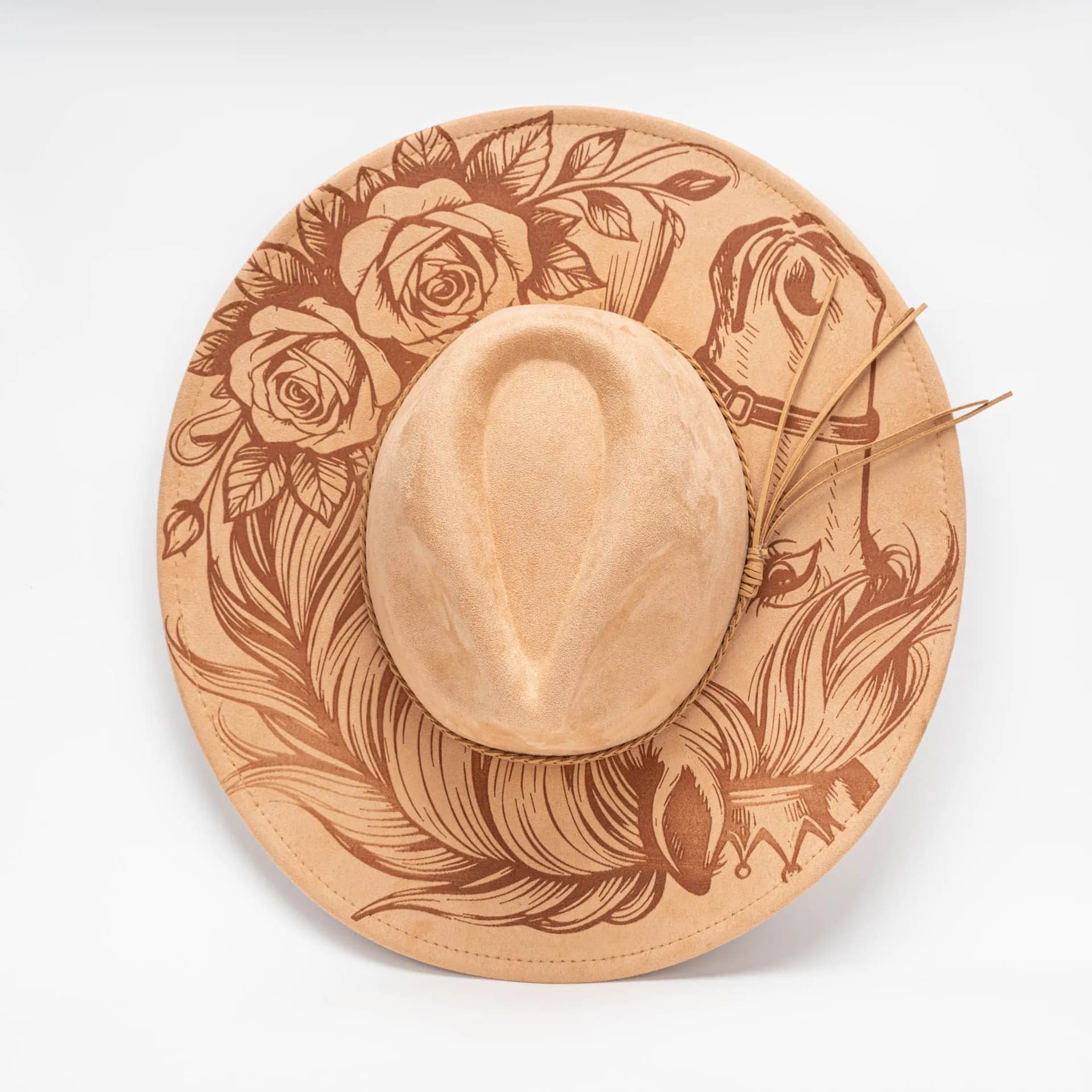 Suede Velvet Top Flat-brimmed Hat wide-brimmed with Laser-engraved Floral Patterns