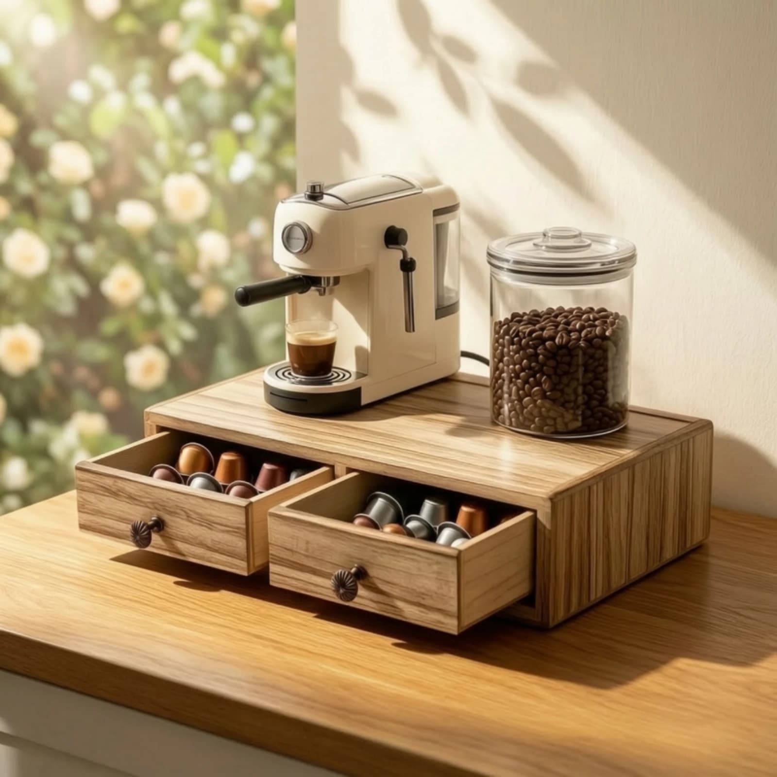 Coffee Machine Stand with Drawers Wood-Grain Coffee Maker Organizer with Drawers Drawer Rustic Storage Box Countertop