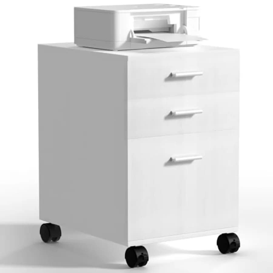 Mobiletto Portadocumenti a 3 Cassetti, Organizzatore in Legno Bianco Preassemblato per Archiviazione, Supporto per Stampante Sotto Scrivania, Mobile su Ruote, 19" L x 16"