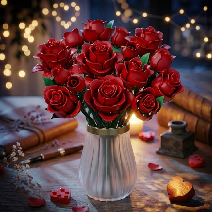 Set di Mattoncini per Bouquet di Rose Rosse, Decorazione Floreale Romantica da Scrivania, Regalo per San Valentino