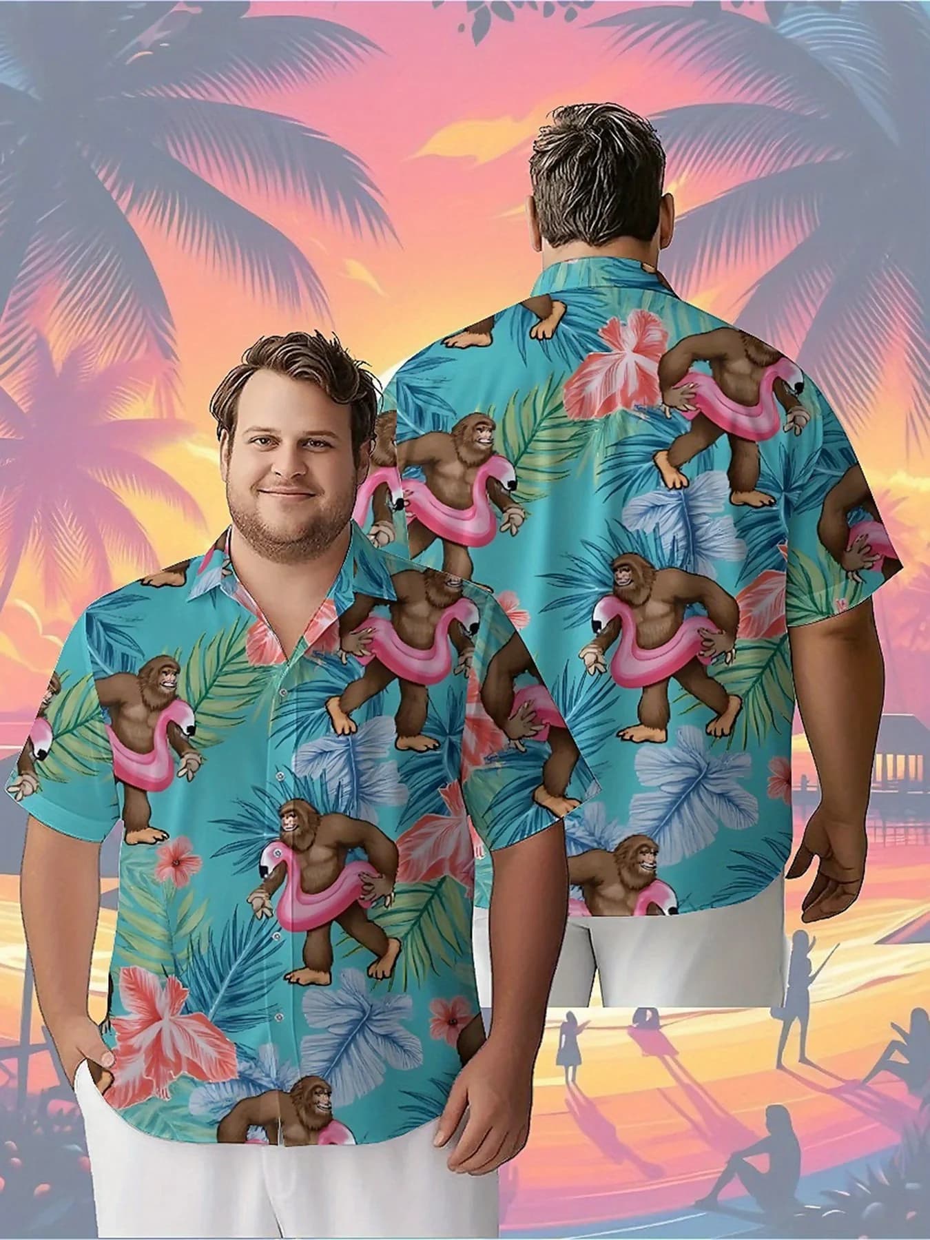 Men's Strong Size Hawaiian Shirts Swim ring pattern Tropical jungle Gorilla, Aloha unisex shirts, summer alternative clothing