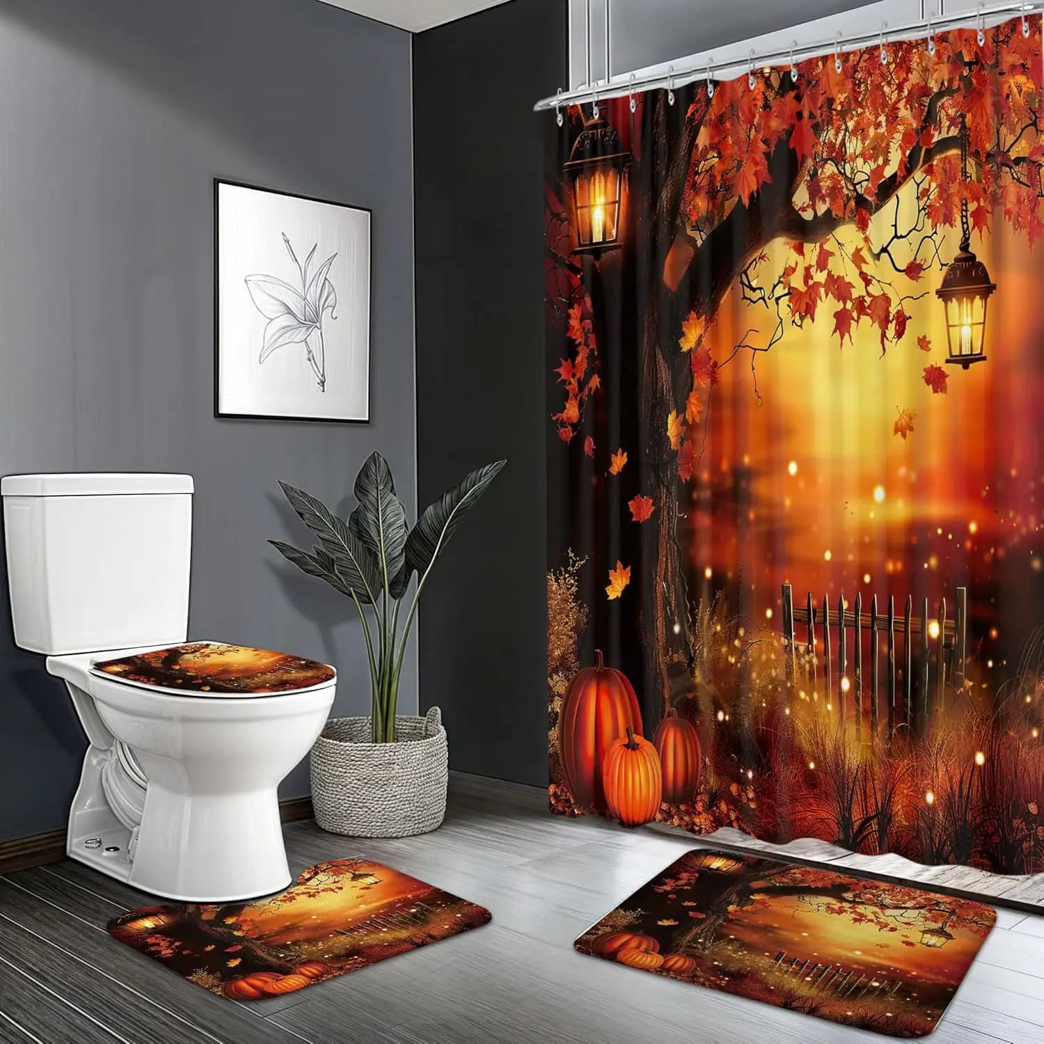 4PCS Fall Shower Curtain Set, Autumn Pumpkin Sunflowers Harvest Thanksgiving Bathroom Decor Sets with Halloween Shower Curtain