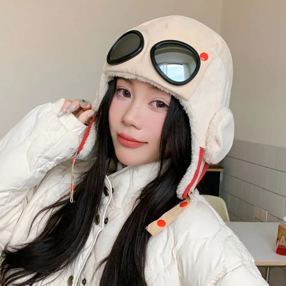 Casual Windproof Winter Pilot Hat With Goggles Anti Fog Ear Protection Warm Ski Hat Cold Proof Velvet Hat Hiking