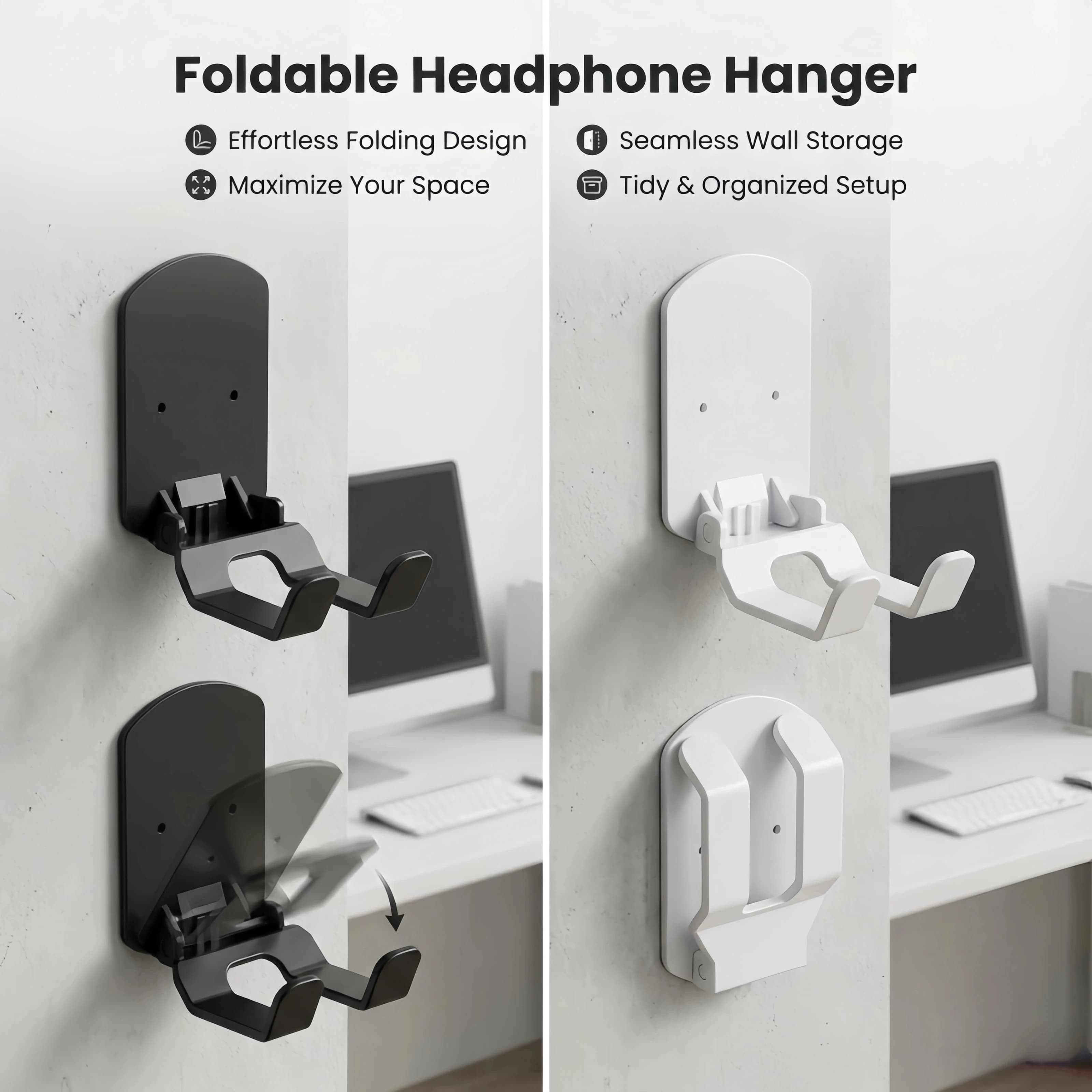 Self Adhesive Foldable Headphone Hanger Wall Mount Game Controller Stand No Drill Earphone Holder Organizer For Gaming Room