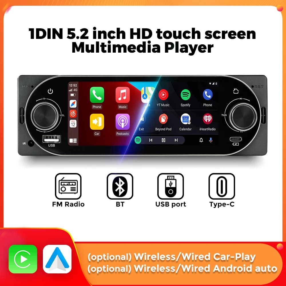 MEKEDE & NAVIFLY 1Din Wireless CarPlay HD touch screen Universale 5.2 '' Autoradio FM Stereo Lettore multimediale MP5 Porta BT TF Fotocamera