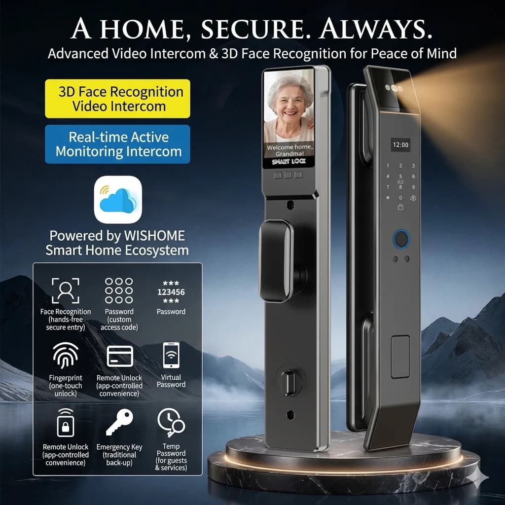 Serratura intelligente con riconoscimento facciale 3D compatibile con videocitofono Wishome, impronta digitale 6068, serratura di sicurezza con sblocco remoto WiFi.