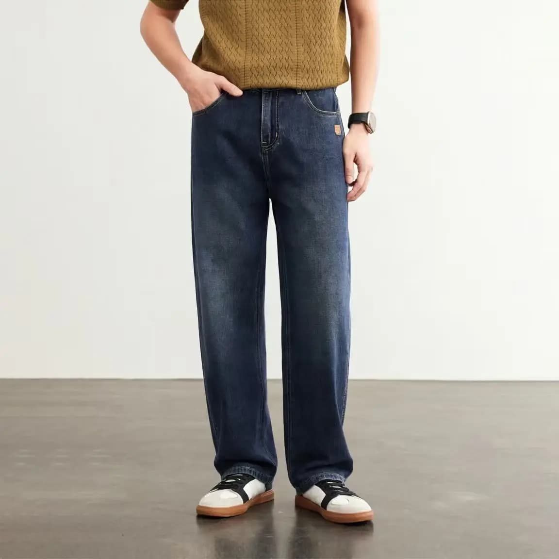 New Men's Elastic Jeans Loose Straight Leg Wide Leg Pants Vintage Washed Casual Versatile Long Pants