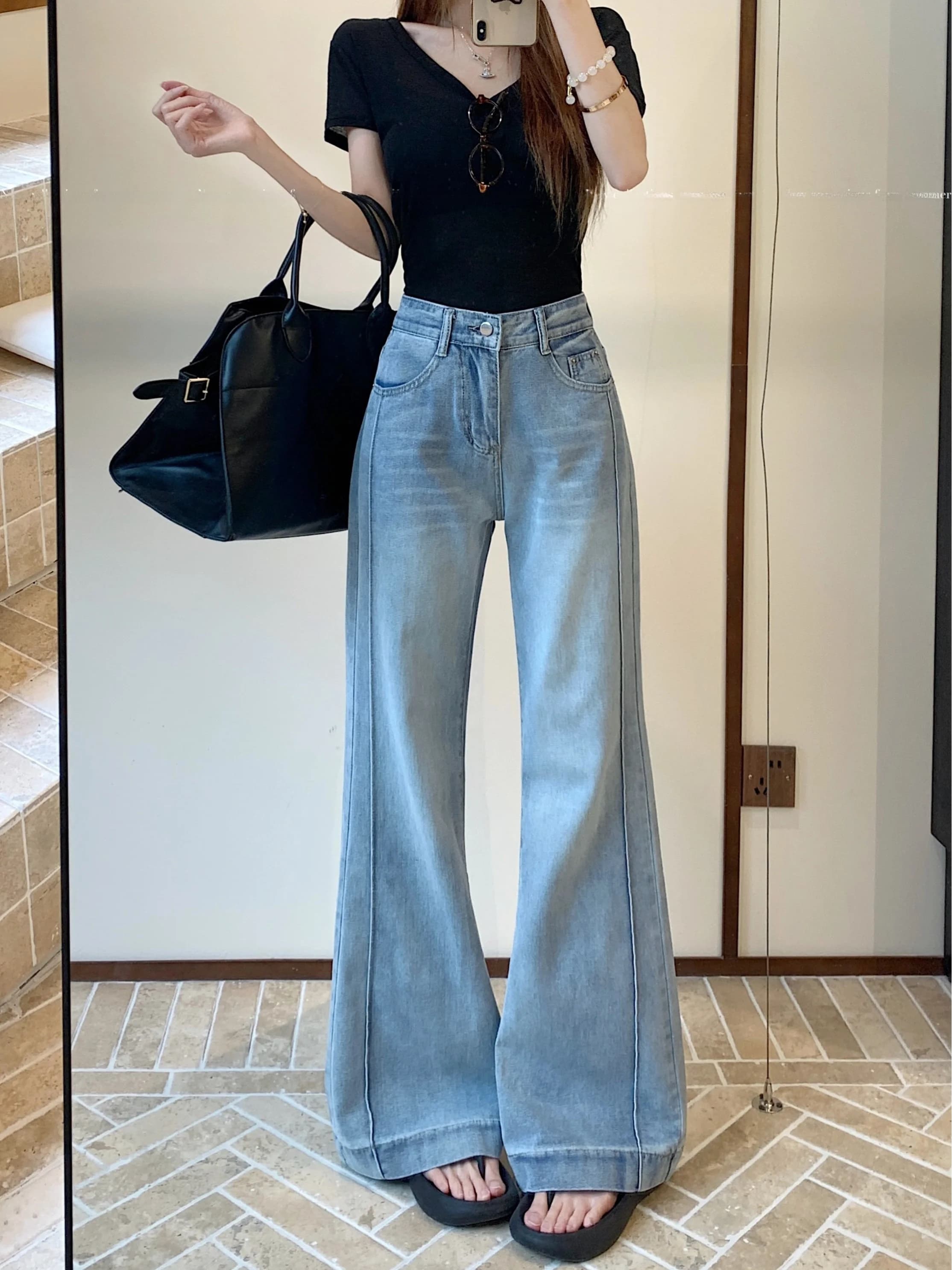 Slimming High Waist Wide Leg Jeans Women's Summer Lightweight Blue Denim Pants Straight Cut Trousers Commute Style Jeans