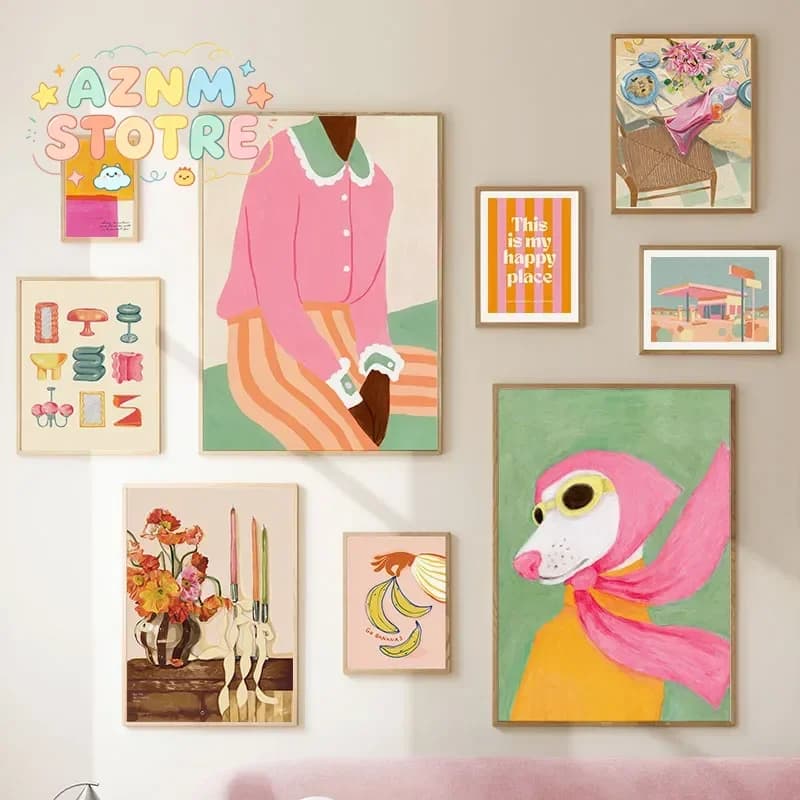 (No frame)Fashion Girl Dog Vase Flower Banana Abstract Posters And Prints Wall Art Canvas Painting Picture Hotel Bar For Livi