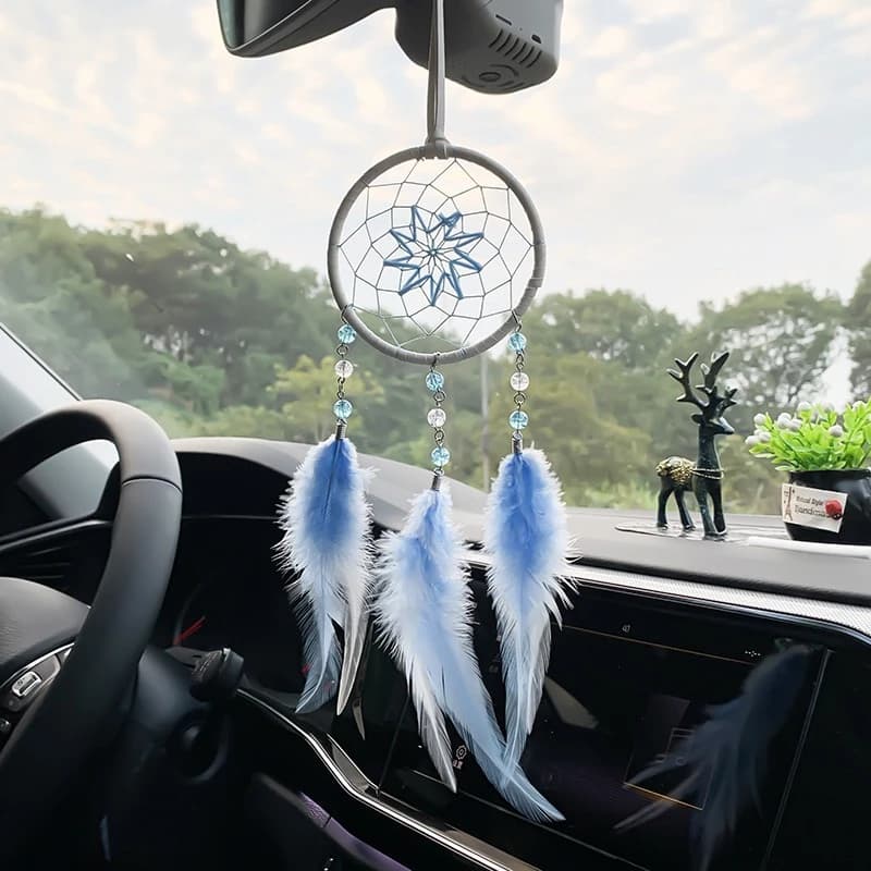 Mini Blue Feathers Dream Catcher Car Pendants Home Decorations Handmade Ornaments Wall Hangings Decor For Girls Holiday Gifts