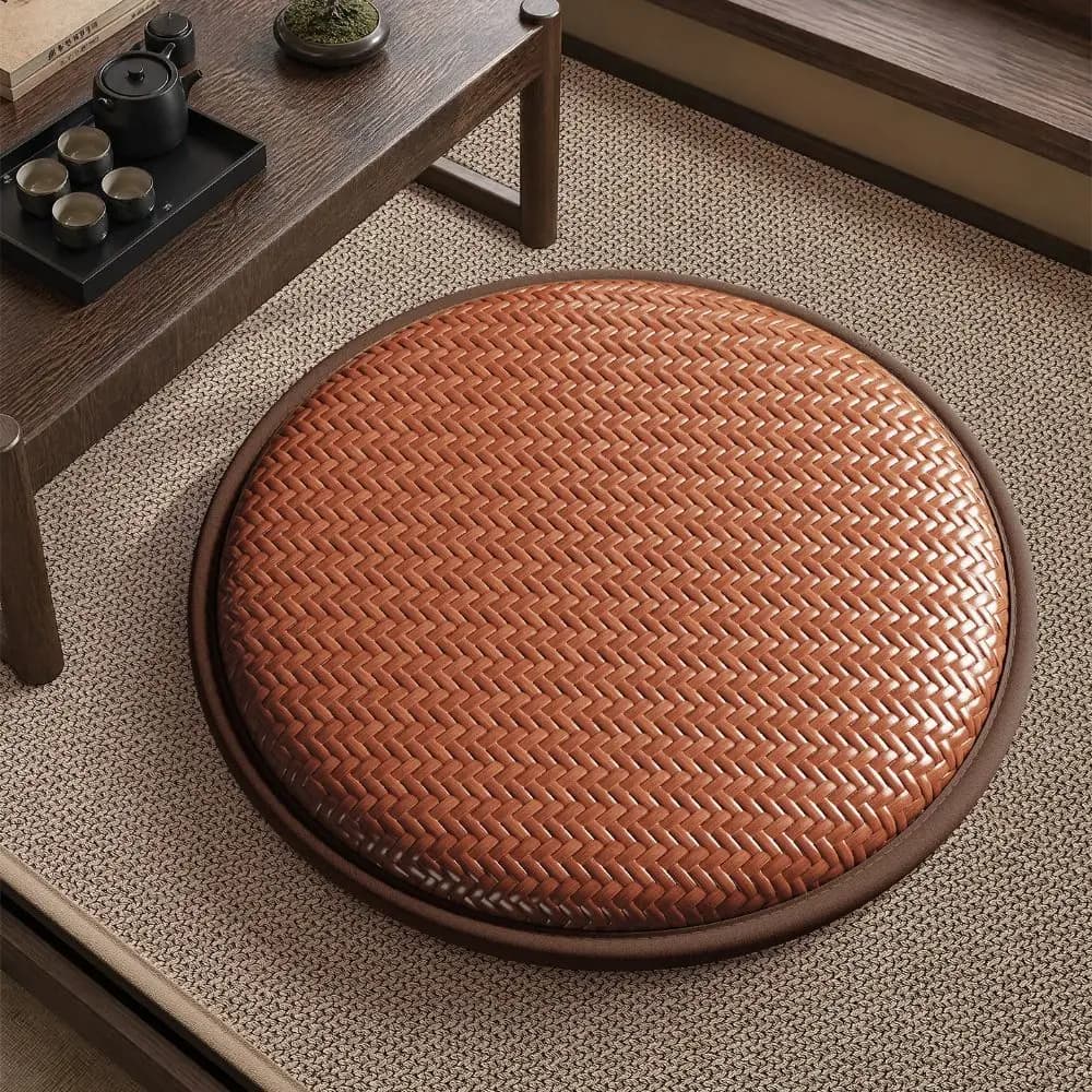 Durable Non-slip Round Floor Cushion Woven Texture Thickened Seat Pad Round Shape Soft Meditation Mat Tea Room