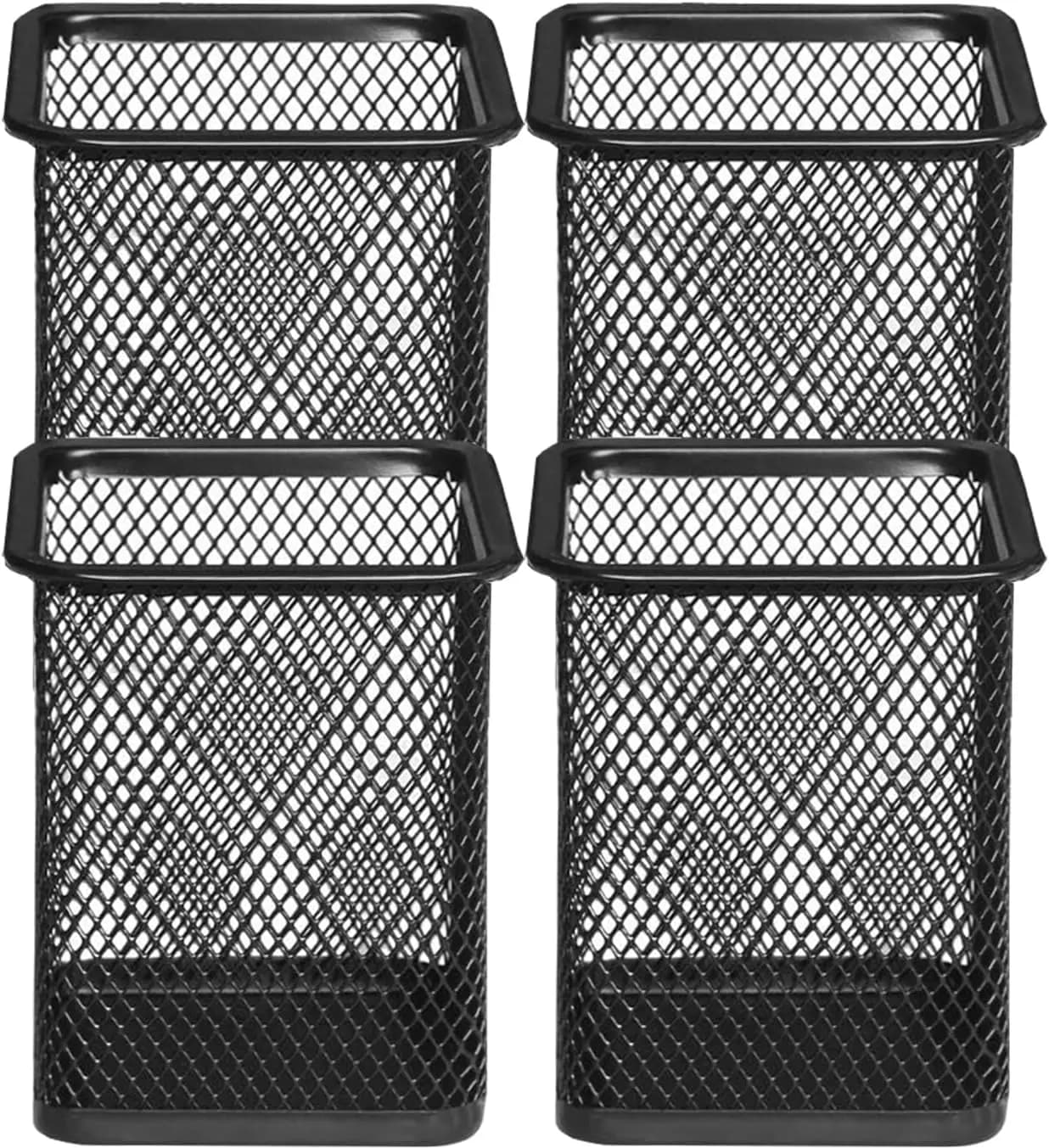 Portapenne in Metallo, Porta Matite da Scrivania, Organizzatore per Penne e Matite da Ufficio, Nero, Quadrato, Confezione da 4