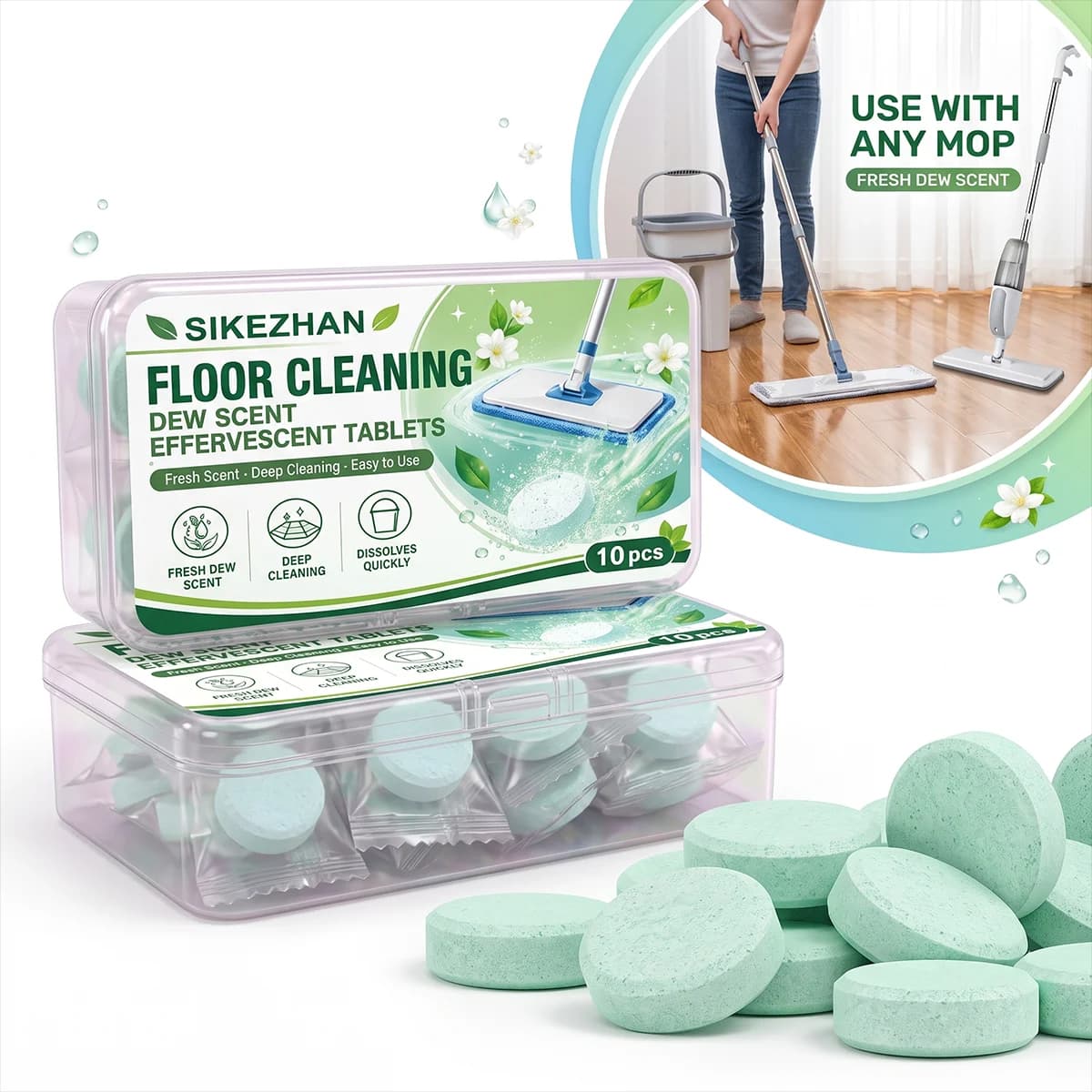 SIKEZHAN 10Pcs Floor Cleaning Effervescent Tablets Fresh Dew Scent Deep Stain Remover Concentrated Mopping Washer Detergent