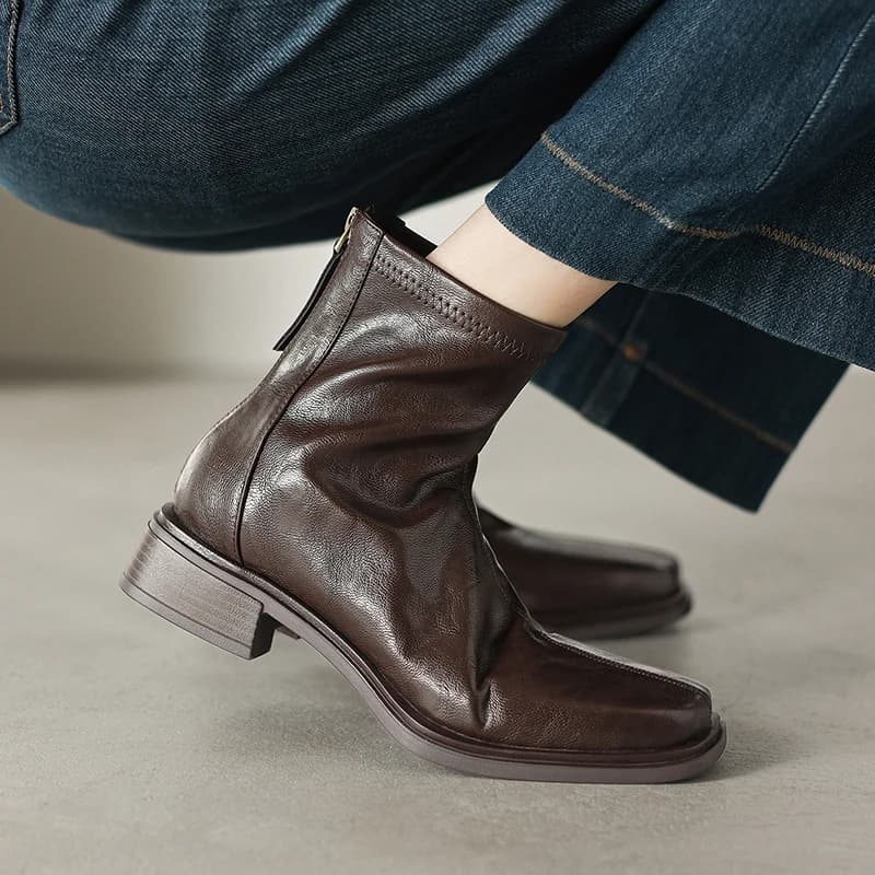 2026 new autumn winter women ankle boots 22-24.5cm microfiber upper square toe thick heel back zip short boots fashion