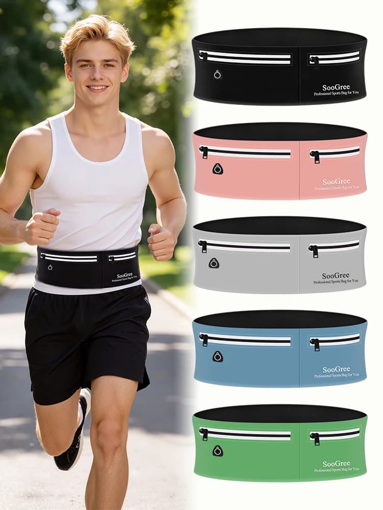 SooGree Zipper Running Waist Belt Bag Waterproof Slim Sports Fanny Pack Adjustable Elastic Phone Pouch for Jogging Cycle Travel
