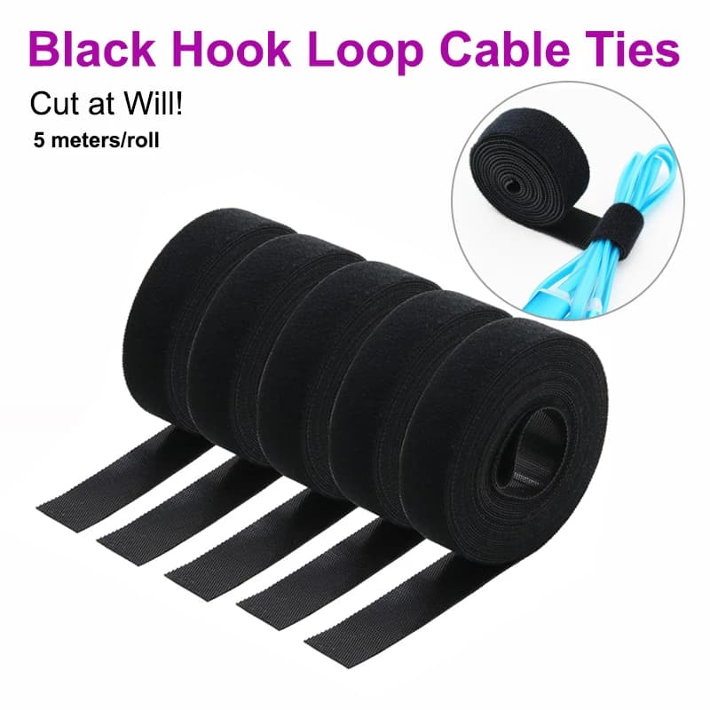5M/Rotolo Nero 10/15/20/25mm Organizzatore di cavi USB Avvolgicavo Gestione Nylon Taglio libero Fascette Mouse auricolare Gancio Anello nastro