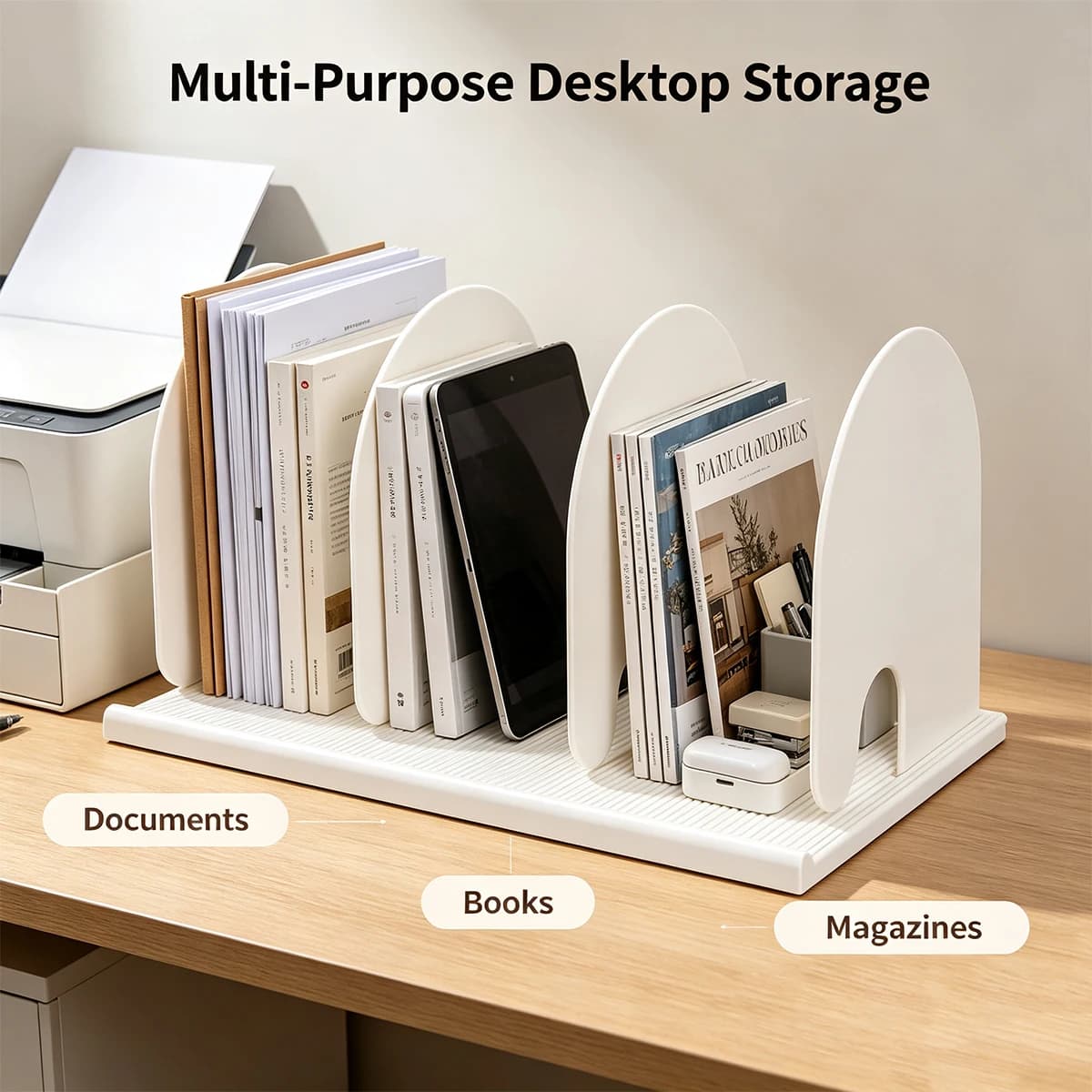 Desktop File Organizer, 5‑Slot Plastic Book Holder Stand, Desk Document Folder Notebook Sorter Rack for