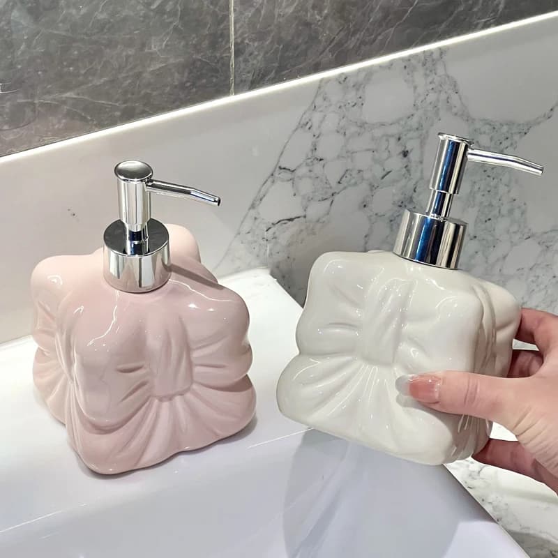 Cute Bow Press Separated Ceramic Bottle Bow Shaped Liquid Soap Dispenser Hand Sanitizer Lotion Bathroom Shampoo Shower Box
