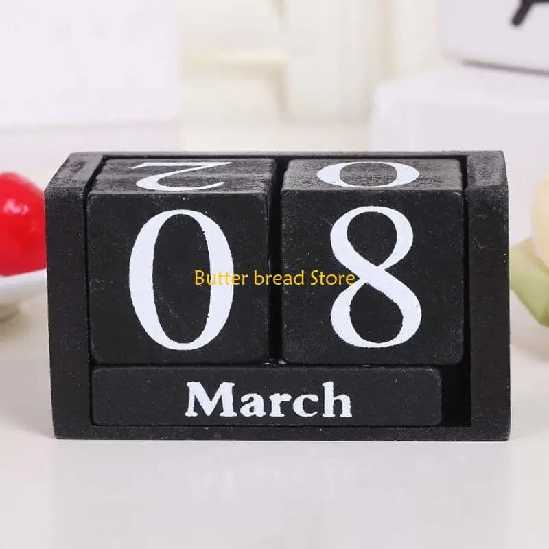 W89C Calendario perpetuo in legno vintage Blocchi eterni del mese Data Display Desktop Acce