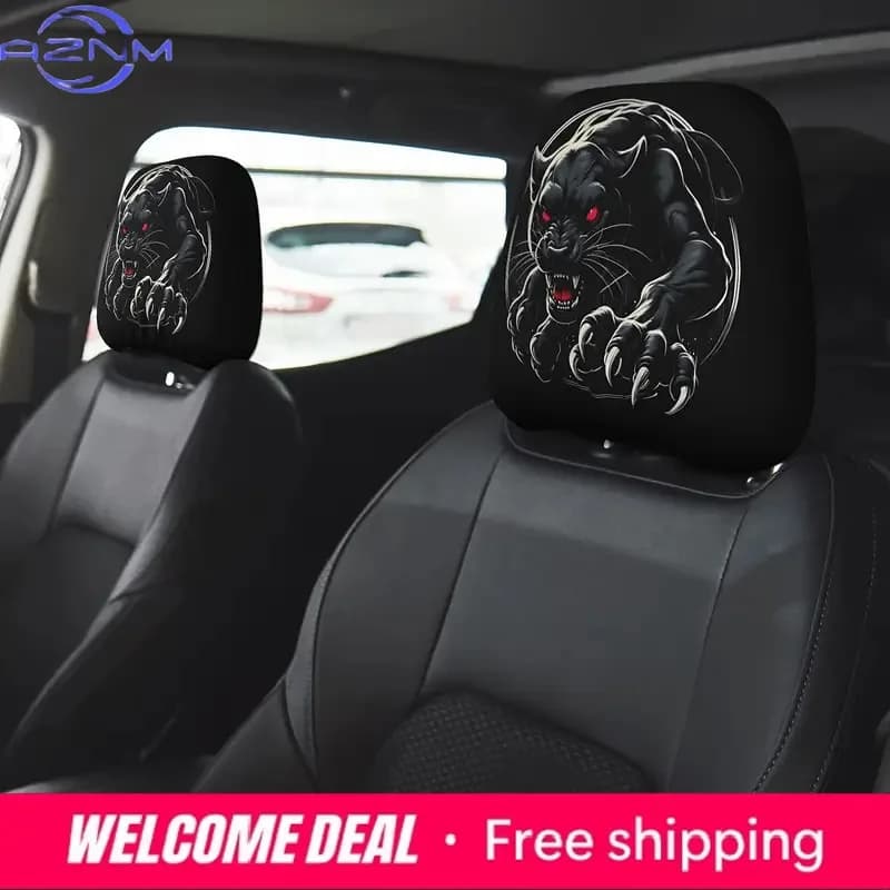 2Pcs Cool Black Panther Print Car Headrest Covers, Universal Fit Auto Seat Headrest Protectors for Car Interior Decoration