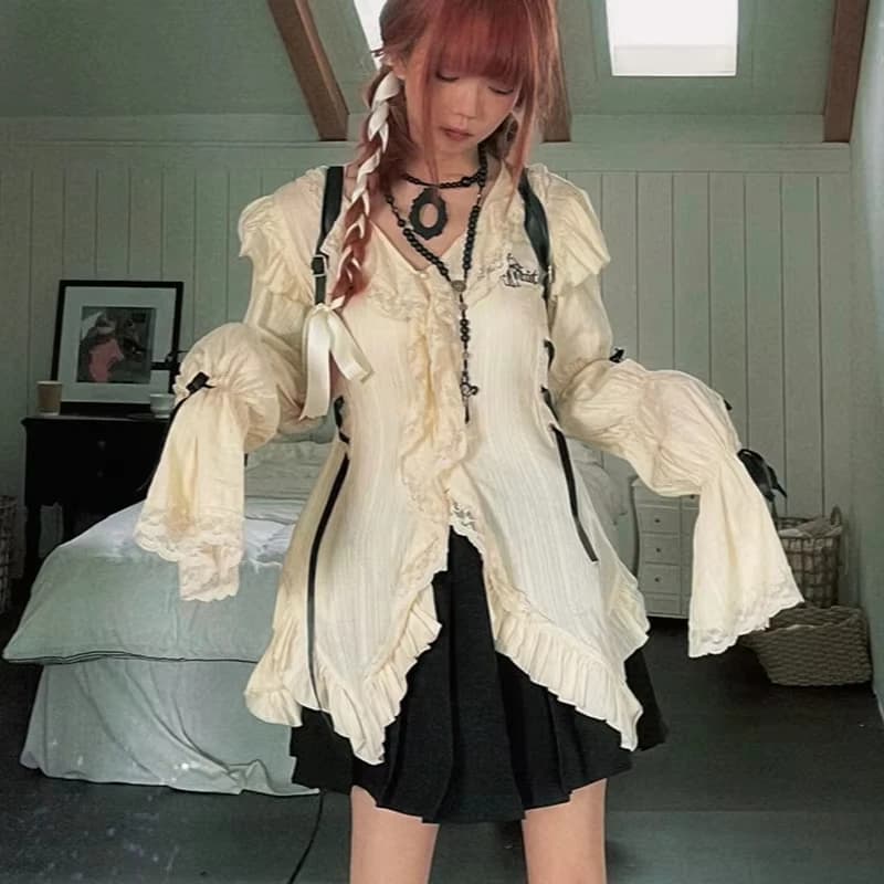 Y2k Estetica Camicia di pizzo Grunge Gotico Camicette irregolari Fata Harajuku Camicia fasciatura Vintage Lolita Vestiti Mall Goth