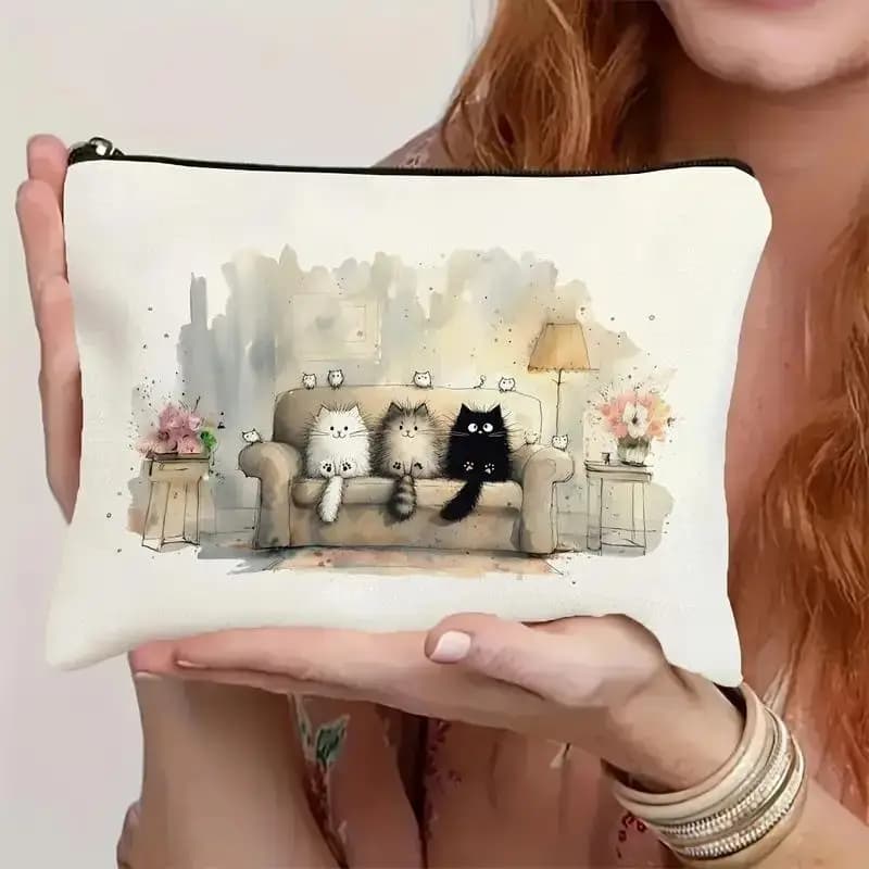 Adorable Cartoon Print Makeup Bag Large Capacity Student Stationery Canvas Pencil Case Travel Cosmetic & Toiletry Organizer Bags