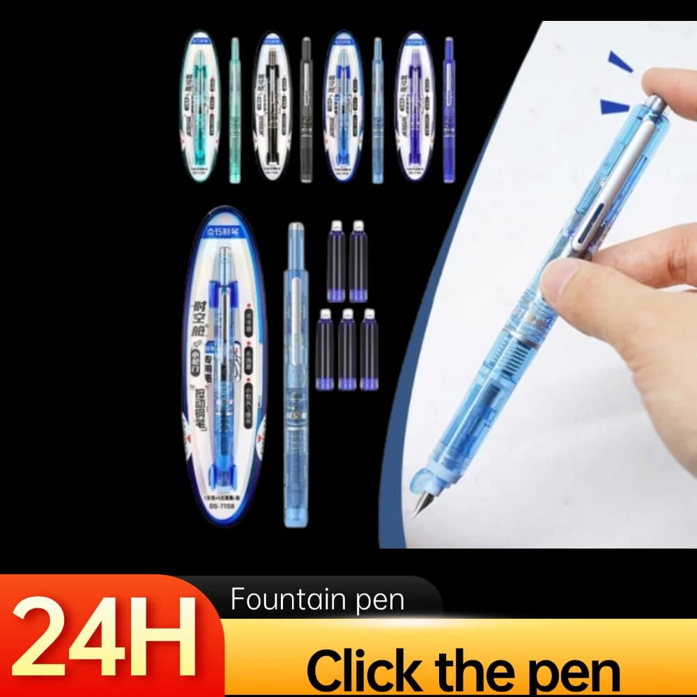 Push Action Fountain Pen for Elementary and Middle School Students Calligraphy Practicing Fountain Pen Blue with 5 Ink Refills