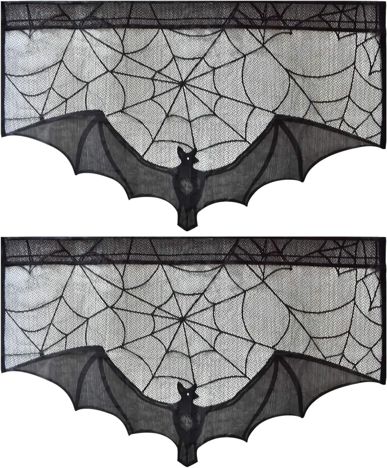 2 Pcs Halloween Black Lace Bat Window Curtains- Spiderweb Tablecloth Bat Shower Curtain Window Valance Spider Cobweb Fireplace Mantles Scarf for Halloween Party Decor, Party Supplies