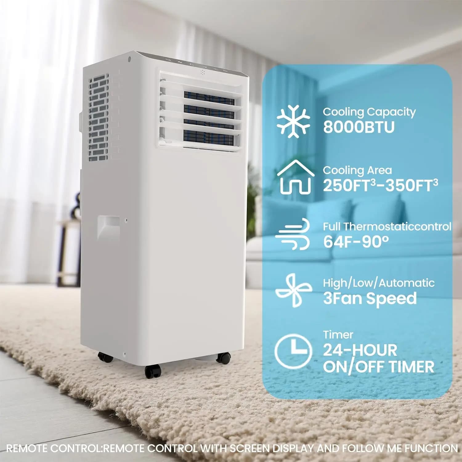 Condizionatore d'aria portatile da 8500 BTU con telecomando con Display LCD, raffreddamento fino a 350 mq.